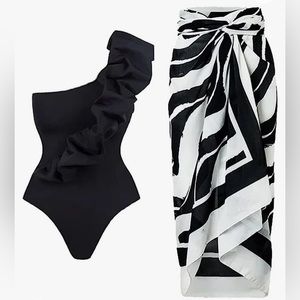 Brand New Black Ruffled One Piece Swimsuit with Matching Cover Up Wrap Skirt